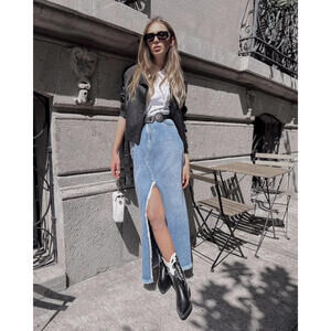 Women's Front Slit Denim Long Skirt, High Shot, Five pockets By Studio F